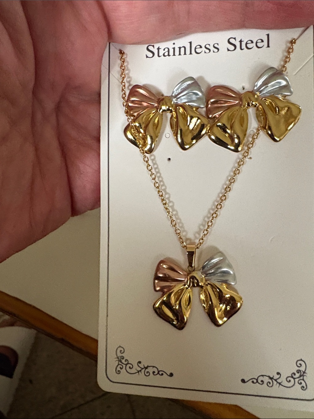 Tri-Tone Bow Necklace and Earring Set - Gold, Rose & Silver